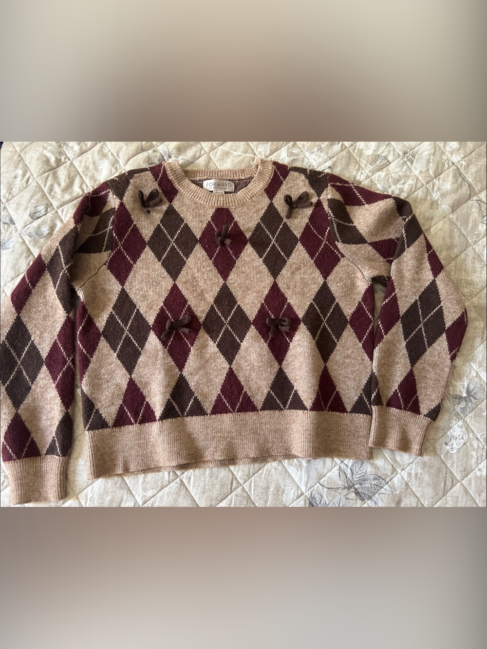 Beige Crewneck Sweater with Burgundy and Brown Argyle